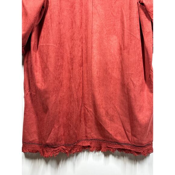 Davi & Dani Faux Suede Kimono Cardigan Boho Fringe Crochet Lace Rust NEW Size L - Picture 12 of 15